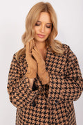 Manteau élégant houndstooth beige noir en laine pour femme avec gants camel suédine boutons décoratifs