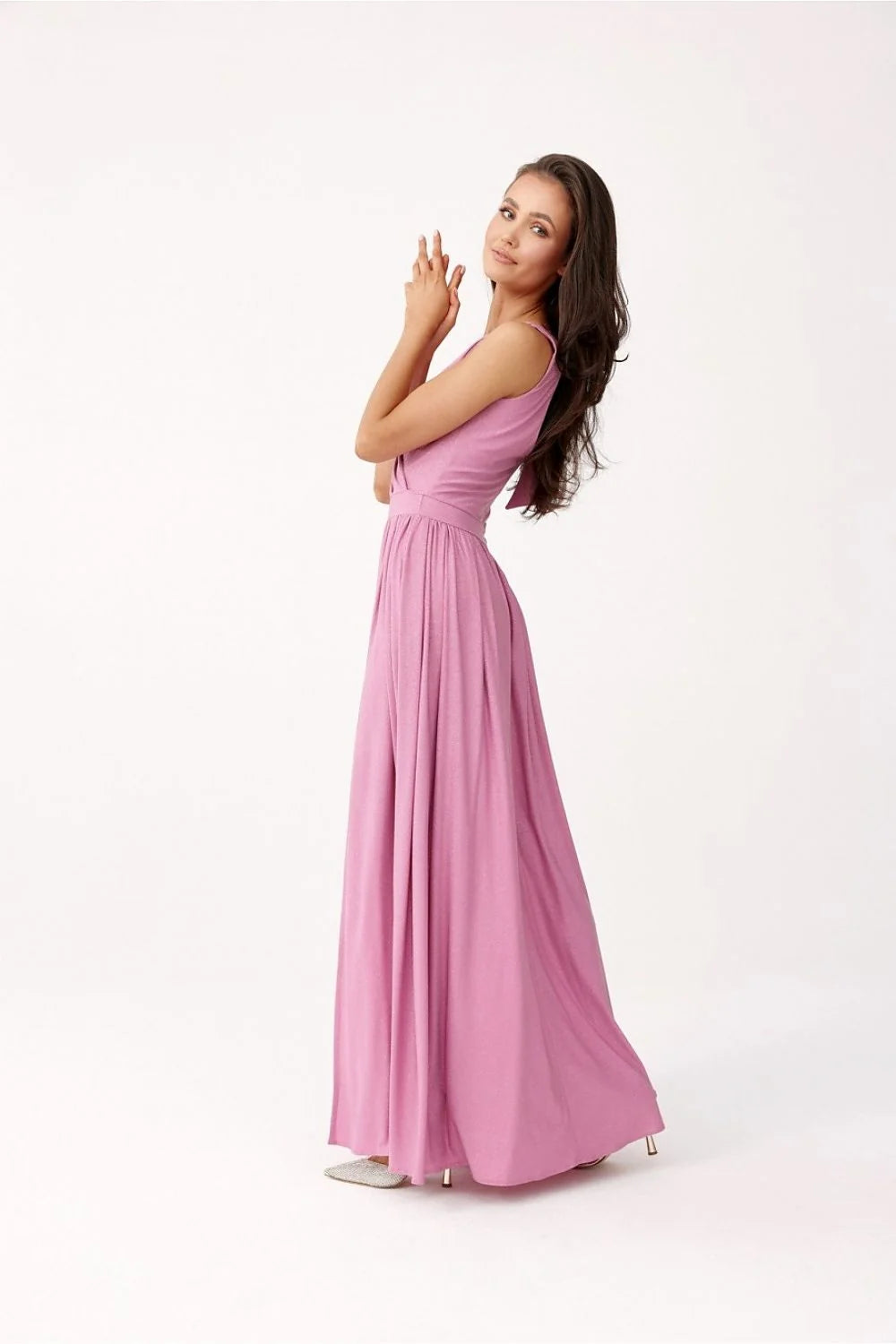 Robe longue élégante pour femme en tissu fluide couleur rose mauve encolure V croisé fente haute ceinture taille ajustable occasion spéciale