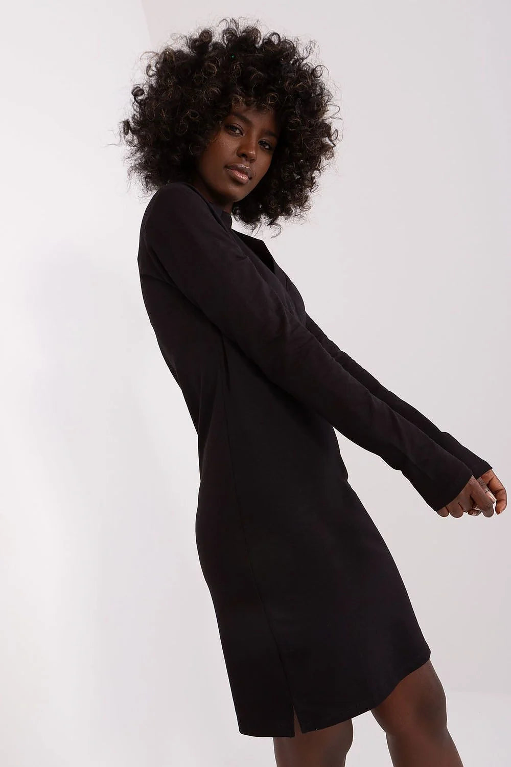 Robe de jour minimaliste noire manches longues col en V coton élasthanne ajustée coupe droite genoux femme occasion