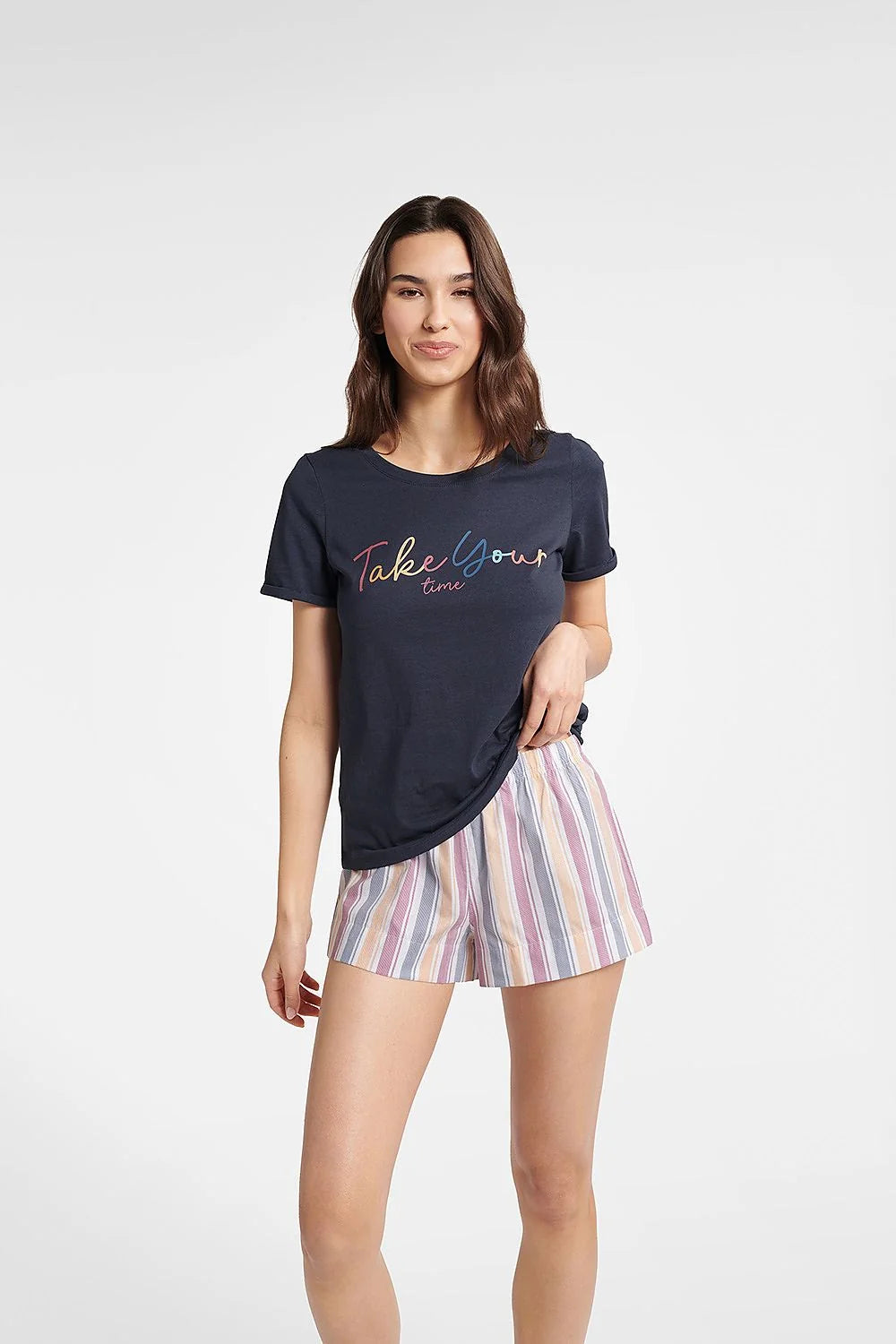 Pyjama Henderson femme été coton court t-shirt manches courtes short rayures colorées confortable mode décontracté