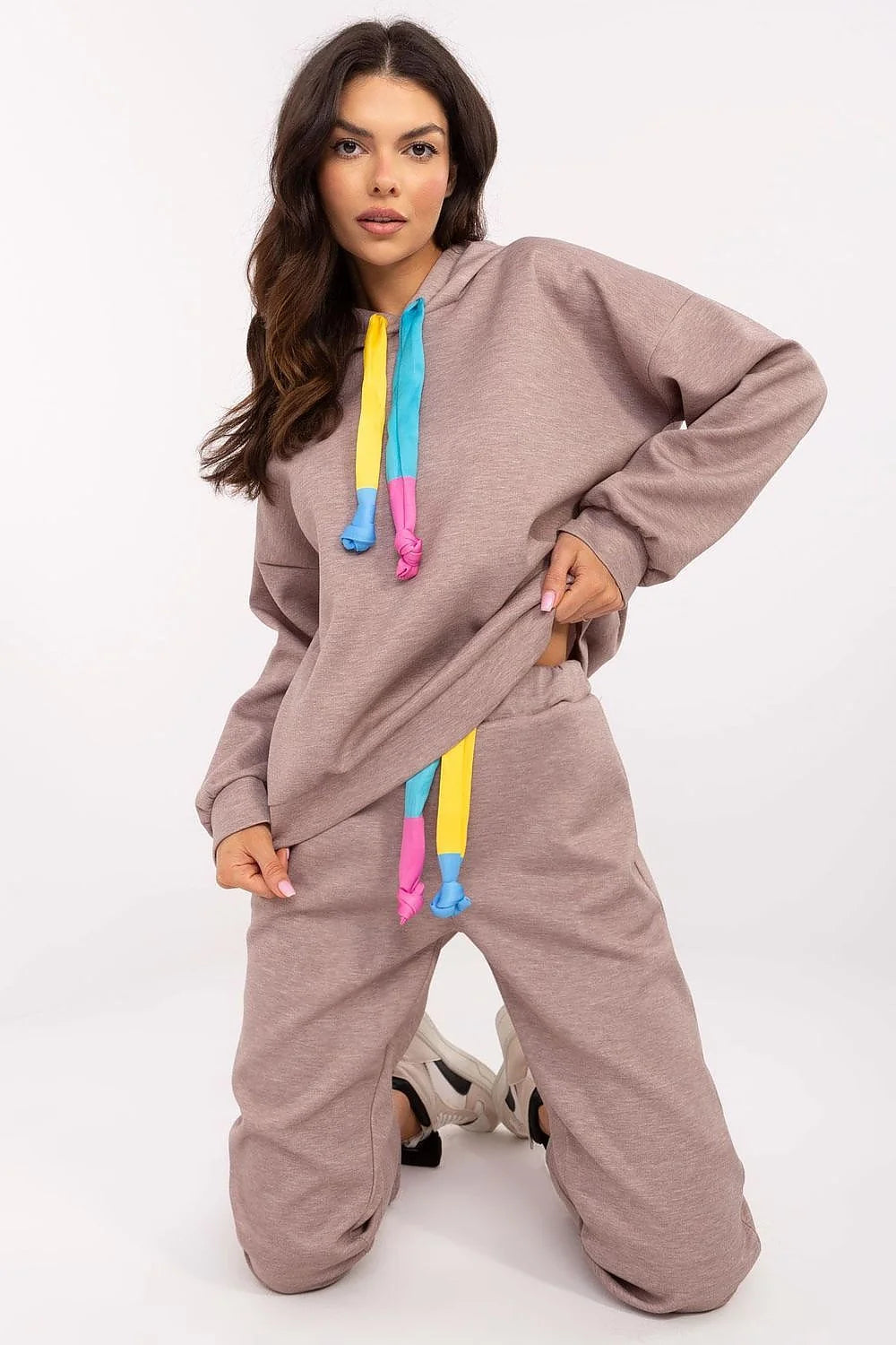 Ensemble Italy Moda sportswear décontracté pour femmes, polyester, viscose, élasthanne, coupe ample, capuche, cordons multicolores, pantalon taille haute, occasions décontractées, mode moderne