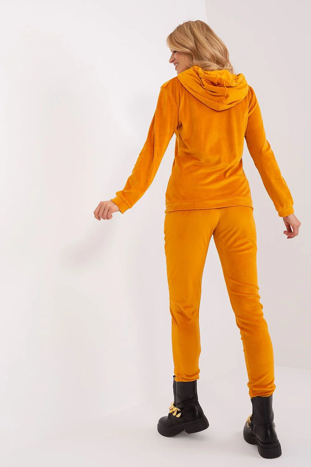 Ensemble deux pièces velours orange vif femmes veste capuche pantalon assorti mode moderne confort