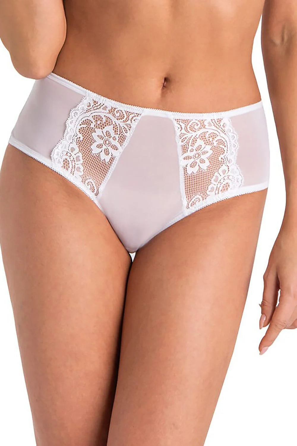 Culotte haute féminine en dentelle floral et maille transparente, blanche,高-cut, confort, élasticité, lingerie élégante pour femme