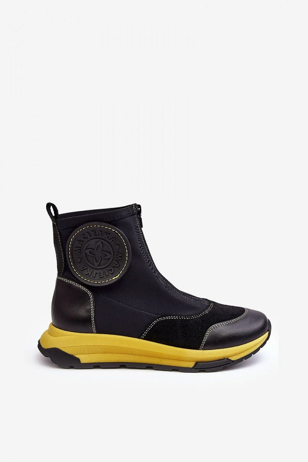 Bottines modernes pour femmes urbaines style sportif cuir tissu logo logo circulaire fermeture éclair noir jaune