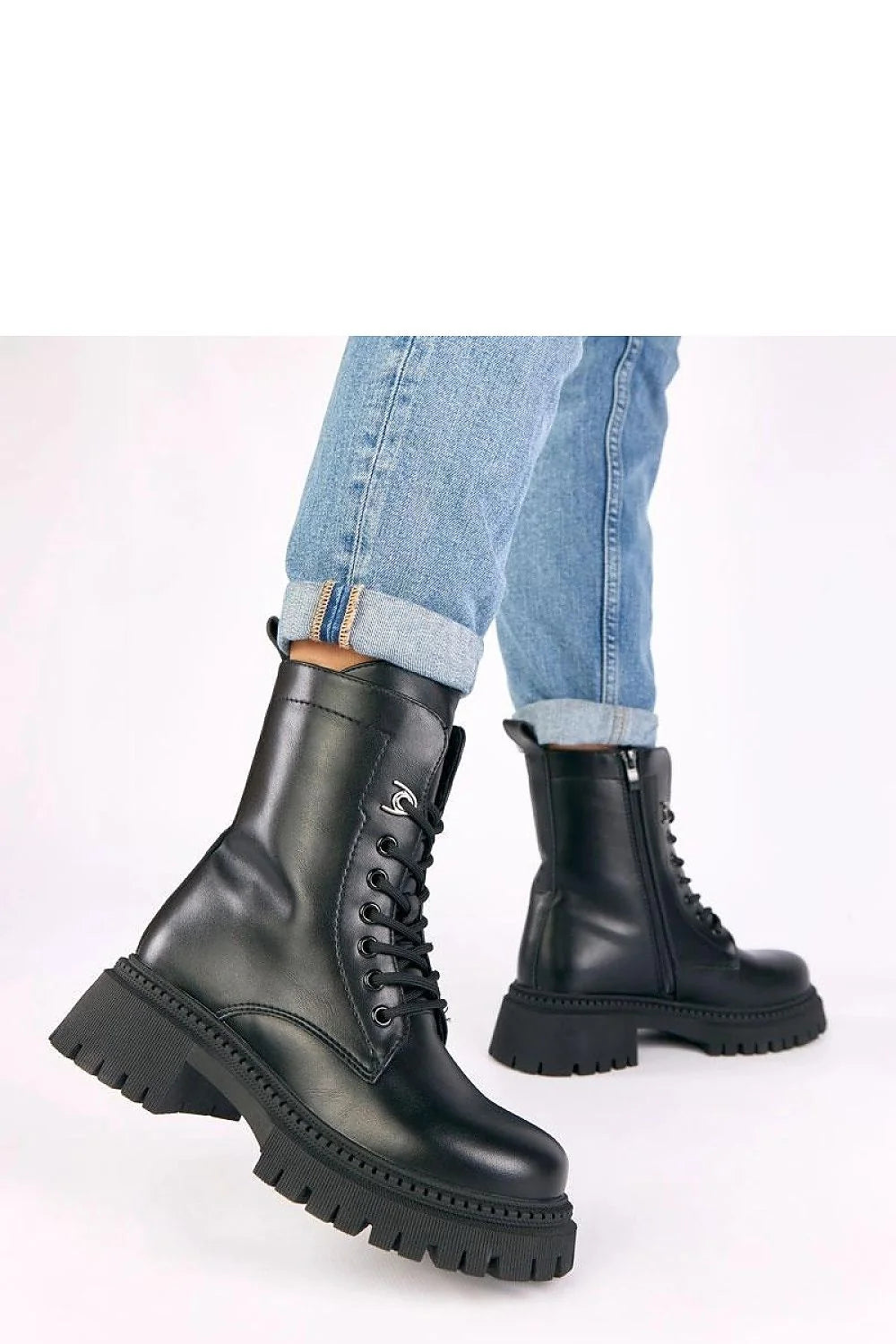 bottines montantes femme cuir écologique noir lisse bout rond semelle plateforme 5cm talon bloc crantée lacets zip intérieur rembourrage doux