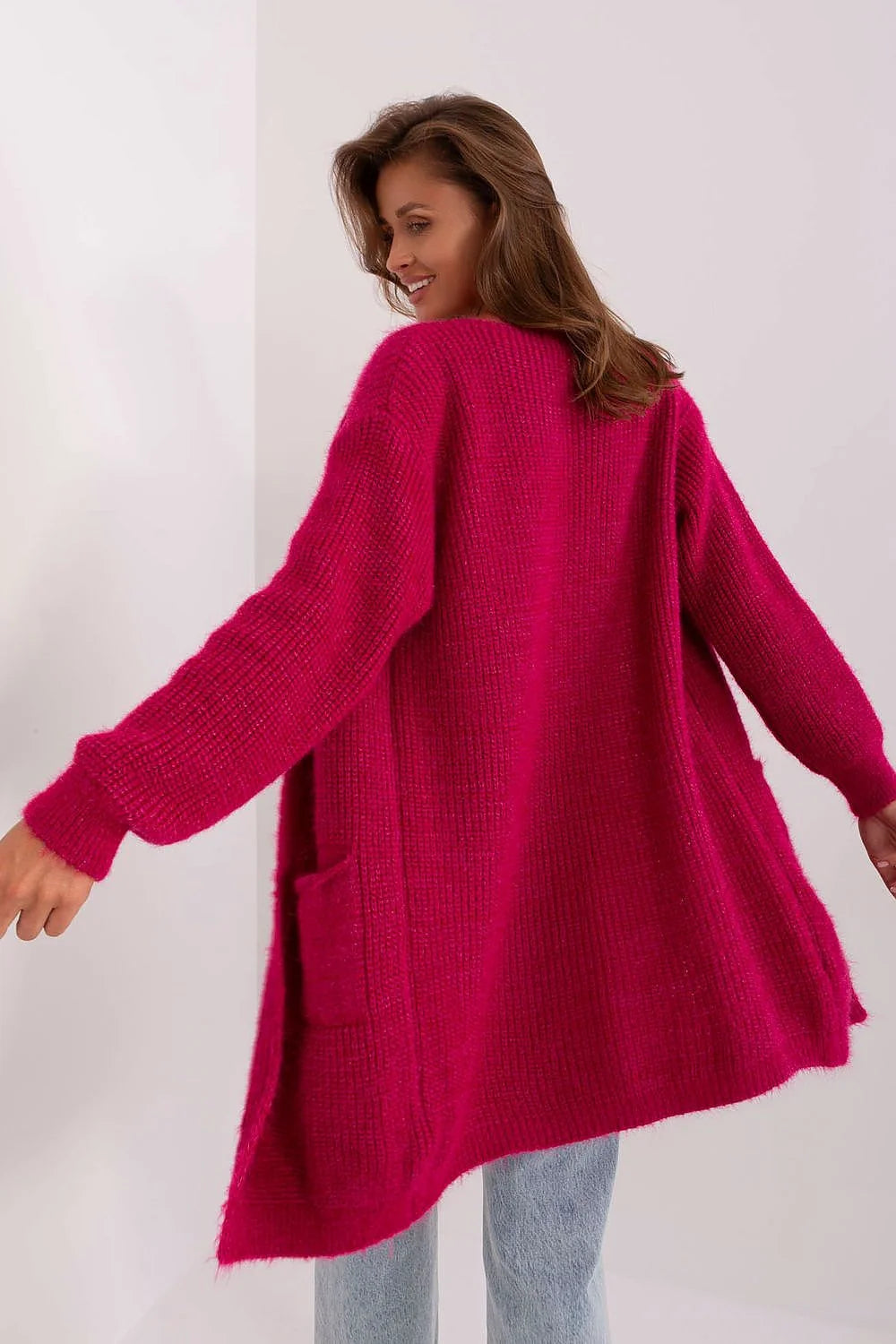 Cardigan femme Italy Moda ouvert longues manches style casual couleur rose vif matériau doux poches latérales