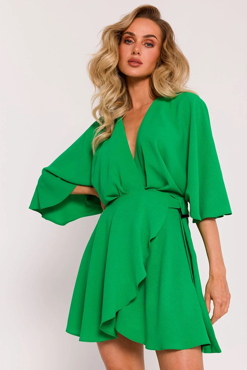 Robe de jour portefeuille vert éclatant décolleté en V profond manches 3/4 ceinture assortie tailleur robe courte femme