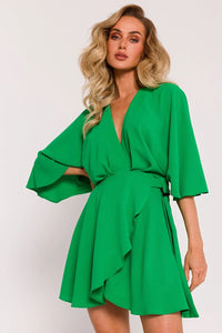 Robe de jour portefeuille vert éclatant décolleté en V profond manches 3/4 ceinture assortie tailleur robe courte femme