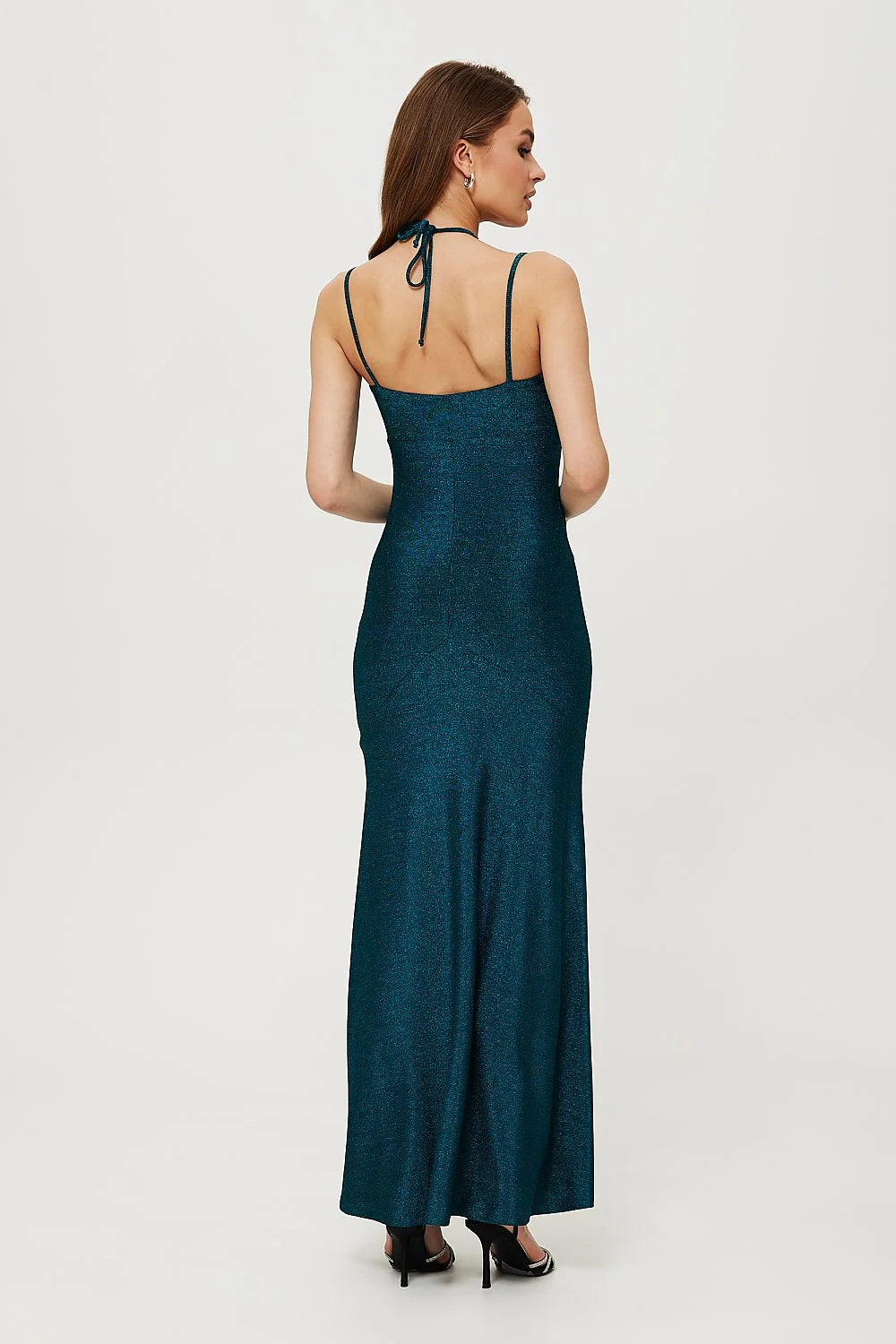 Robe longue élégante style tuba maille métallique couleur bleu sarcelle buste en V finitions métalliques femmes