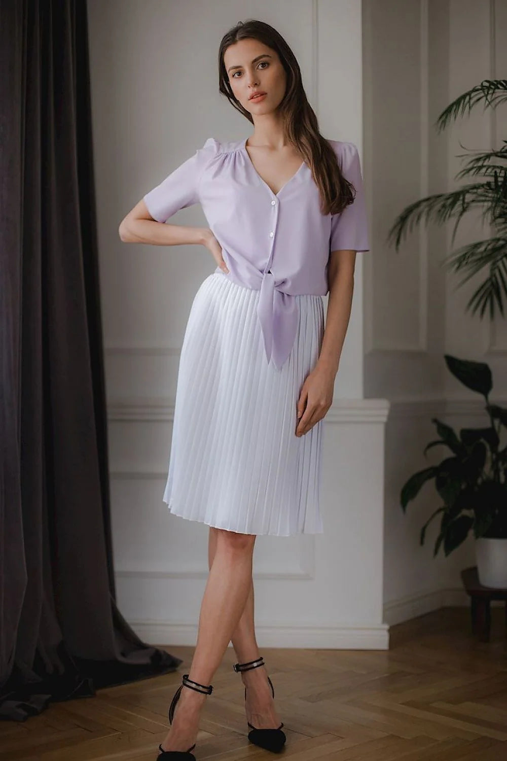 robe femme coton élégante motifs géométriques bleu pastel manches bouffantes décolleté noeud taille jupe plissée midi fluide soyeuse
