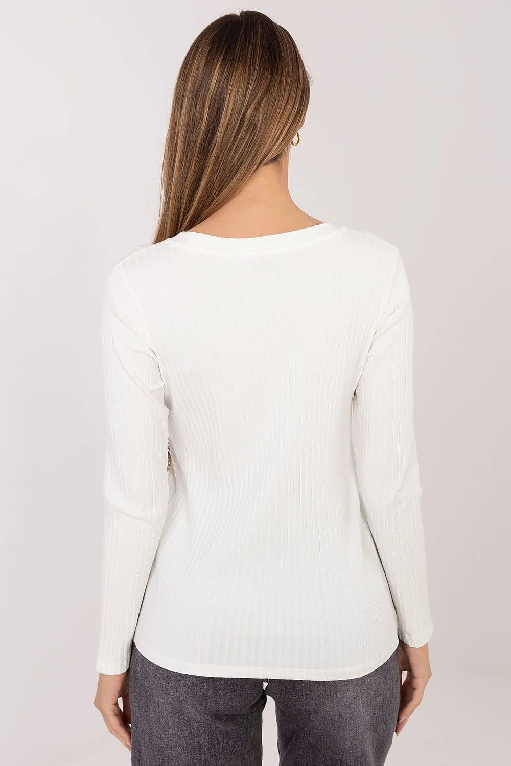 chemisier femme coton elasthanne côtelé stretch blanc manches longues col V ajusté coupe près corps longueur standard minimaliste