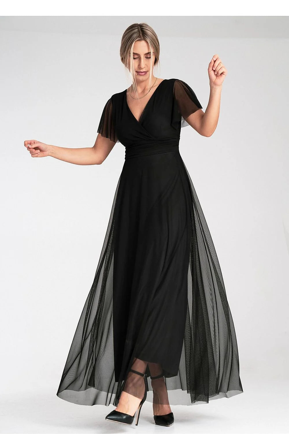 Robe longue élégante pour femme en tissu et tulle noir, style formel, décolleté en V, manches courtes, taille ajustable, soirée et événements