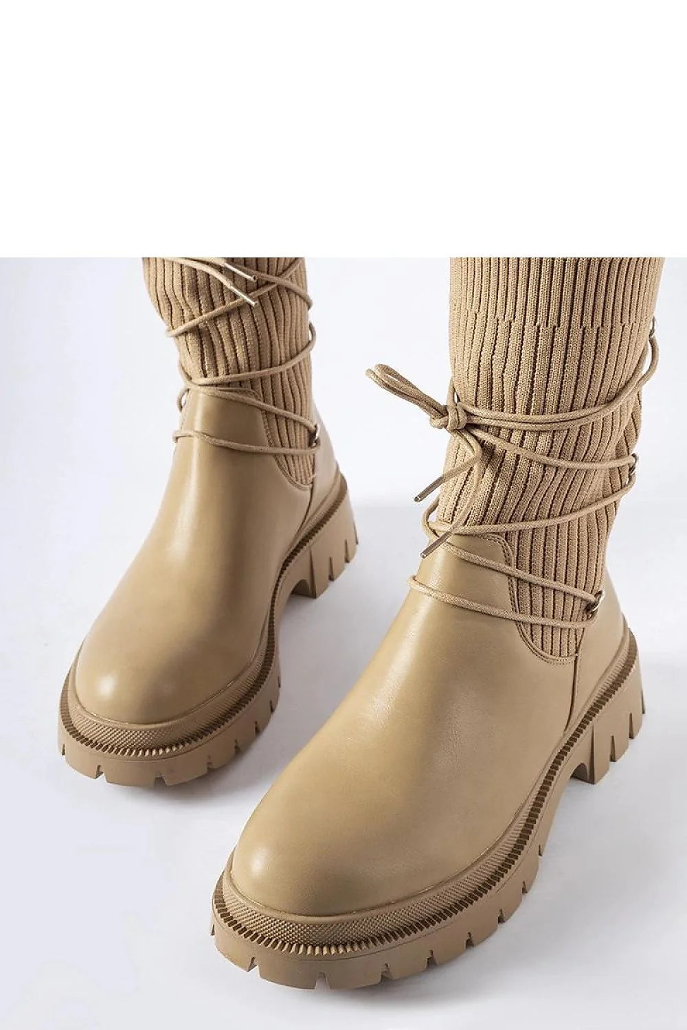 Bottes femmes beige cuir tissu côtelé lacets asymétriques fermeture éclair semelle épaisse style urbain confortable