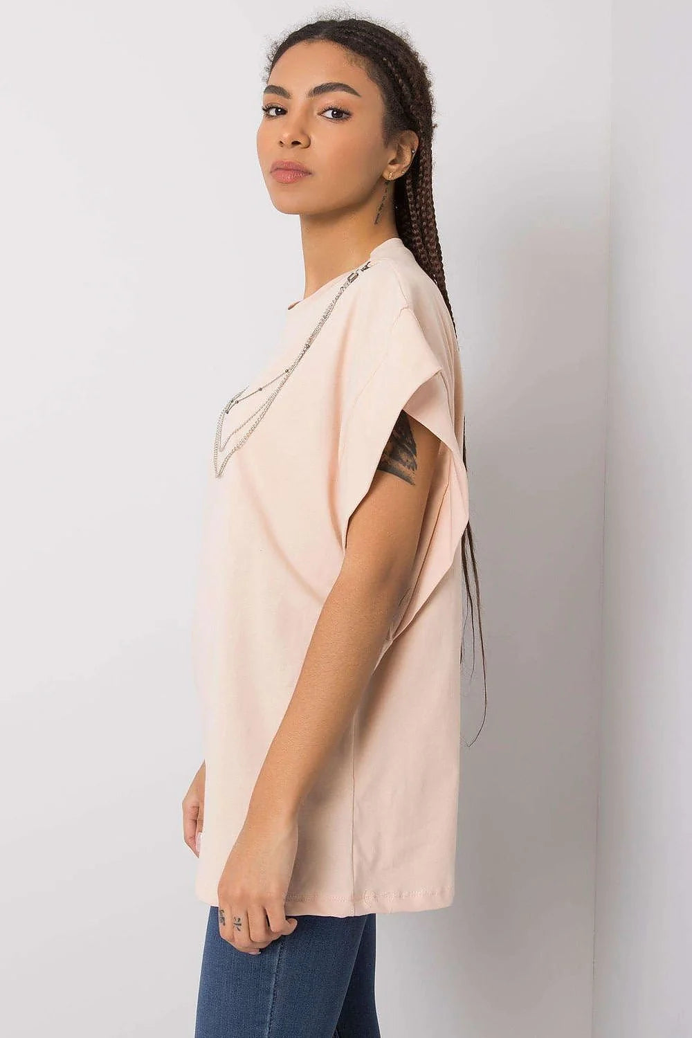 Chemisier femme Casual Chic Tissu Coton Lavande Doux Coupe Large Manches Courtes Chaînes Métalliques Détachables
