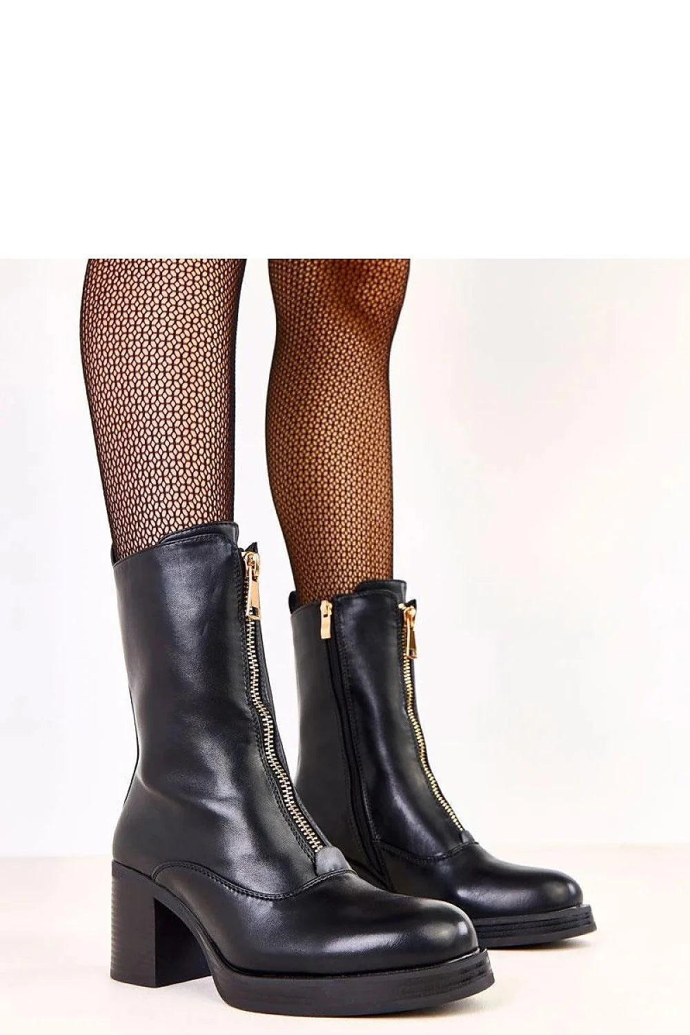 bottines mi mollet cuir synthétique noir bout rond talon bloc 7 cm semelle tissu doublure chaude fermeture éclair dorée décorative