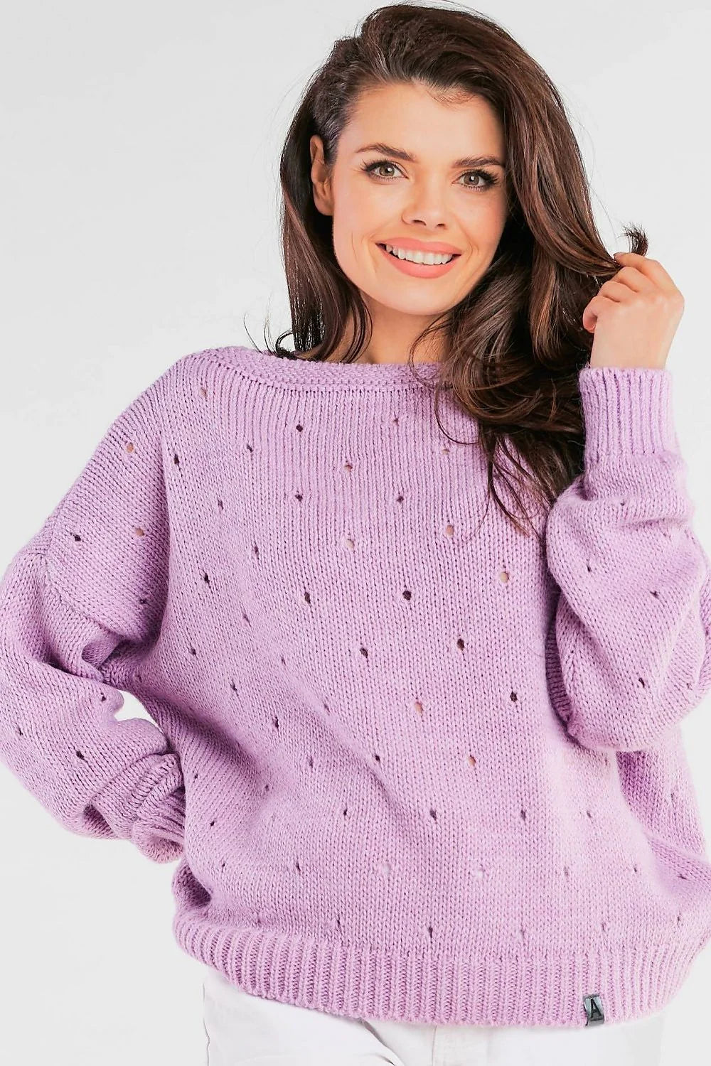 Pull tricot femme ample style casual-chic couleur lilas doux manches longues encolure ronde ourlet côtelé sweater polyamide polyacrylique polyester