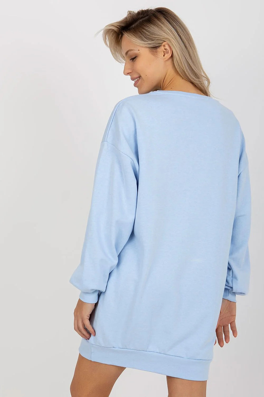 sweatshirt oversize femme long coton molletonné bleu pastel imprimé texas col rond manches longues tombantes poches latérales côtelés confort quotidien