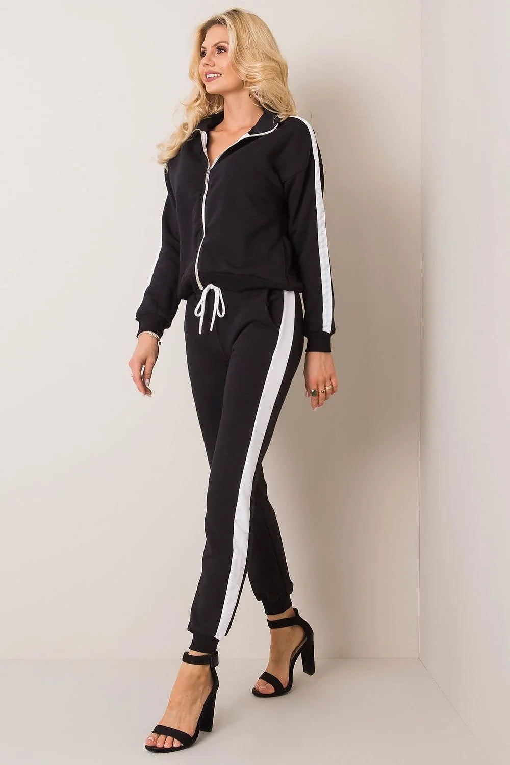 Ensemble de survêtement pour femme moderne sportif noir contrasté coton élasthanne taille ajustable veste zippée pantalon fuselé
