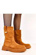 bottines mi mollet camel daim suédé écologique femme bout rond tige 19cm plateforme 5cm cognac semelle gomme antidérapante zippée métal