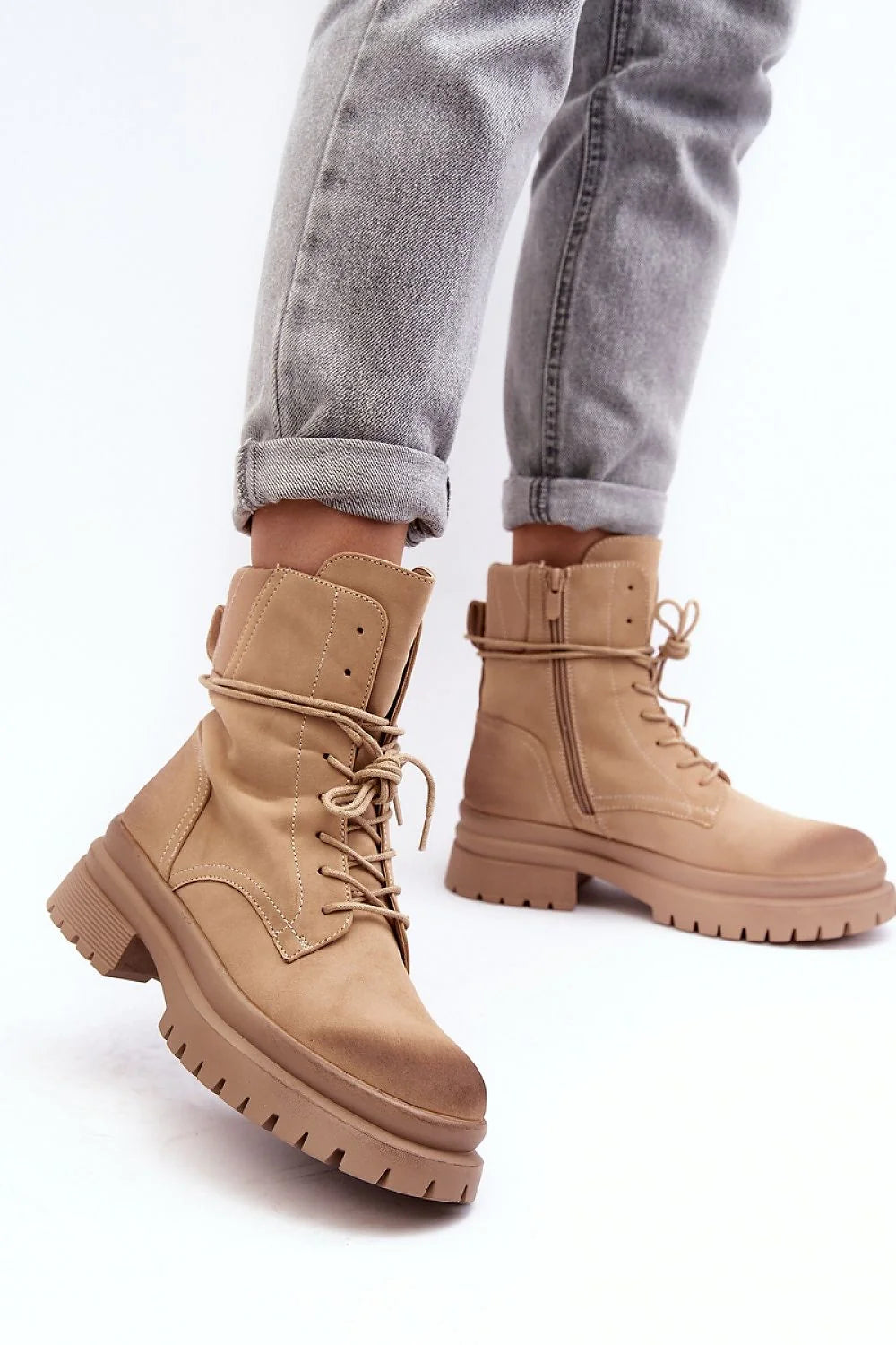 Bottes pour femmes en cuir artificiel style trappeur design moderne fonctionnel bottines à lacets zip latéral talon plat plateforme confortable