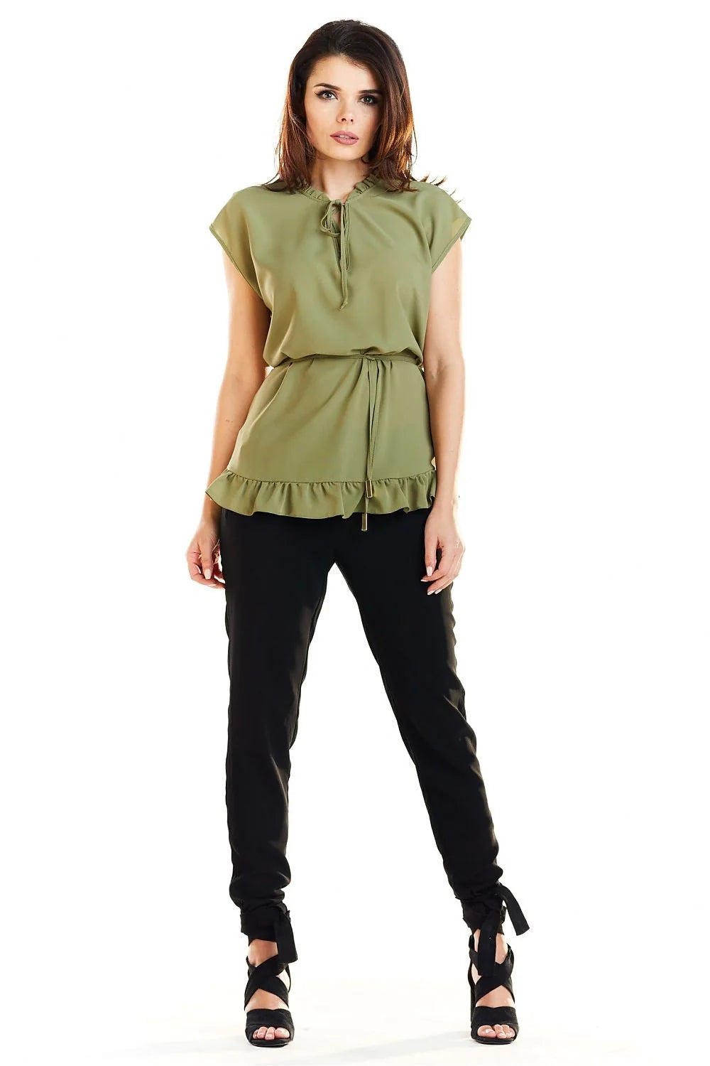 Blouse élégante en polyester vert olive avec nœud, ceinture, ourlet volanté pour femmes modernes