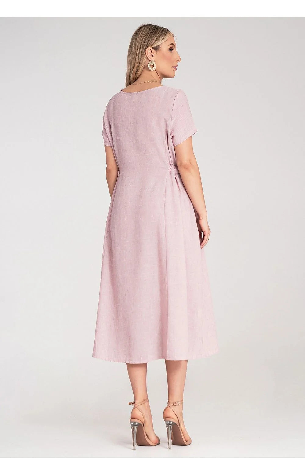 Robe de jour élégante midi manches courtes col rond rose pastel cordon latéral polyester femme