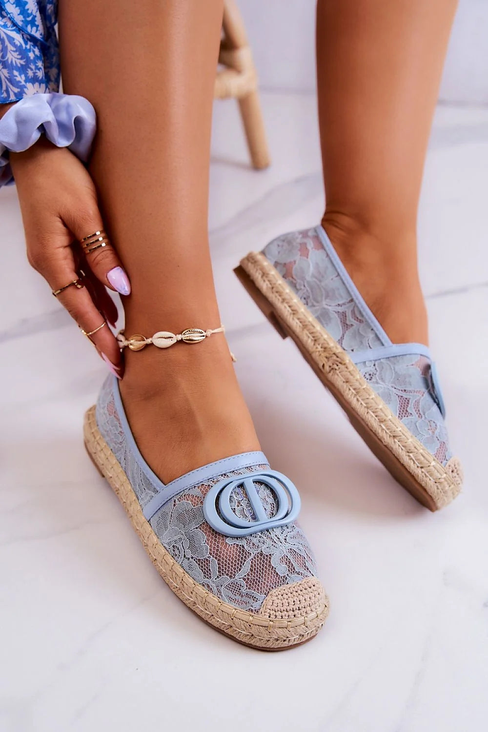 espadrilles femme dentelle bleu pastel ballerine bout ferme jute cuir ecologique antiderapante boucle boheme respirante legere estivale confortable