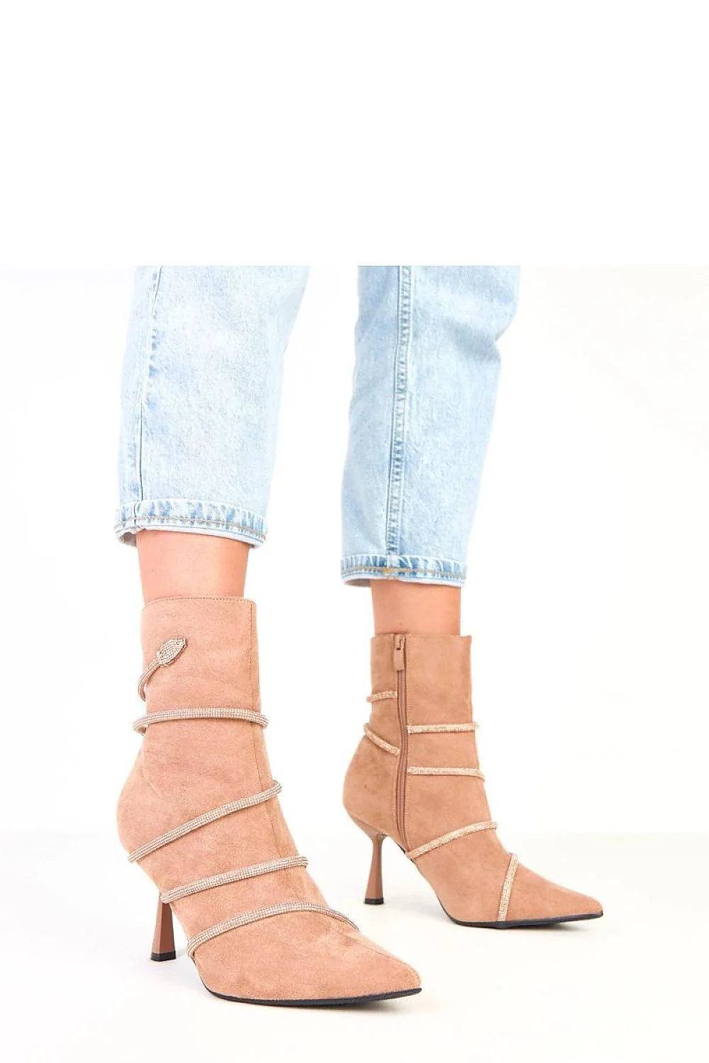 bottines femme cheville daim nude cuir écologique zircons bout pointu talon aiguille neuf centimètres fermeture zippée doublure élégant soirée glamour