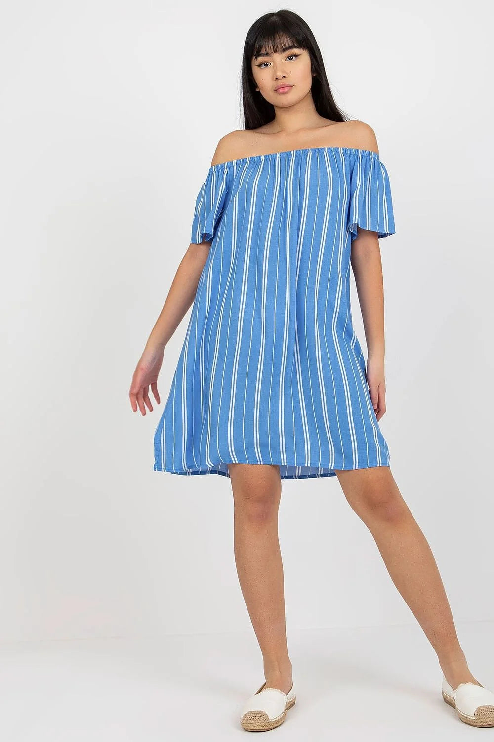 Robe été style décontracté viscose 100% bleu vif rayures verticales blanches tailles XS à XL femme
