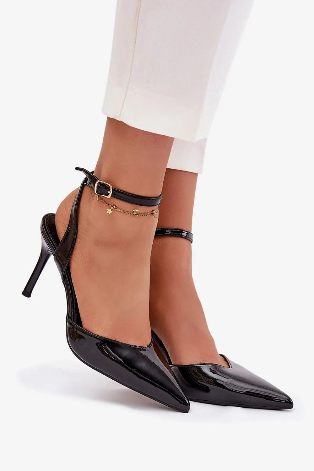 escarpins femme similicuir verni brillant noir bout pointu bride cheville boucle réglable talon aiguille 9cm silhouette élancée soirée classique intemporel
