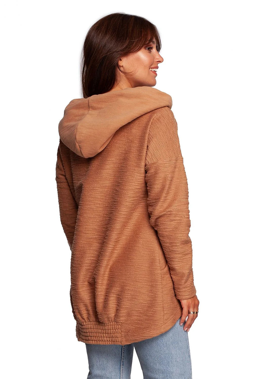 sweatshirt oversize femme crème coton doux confortable coupe ample tunique asymétrique col cheminée cordons pastilles marron poches latérales manches longues