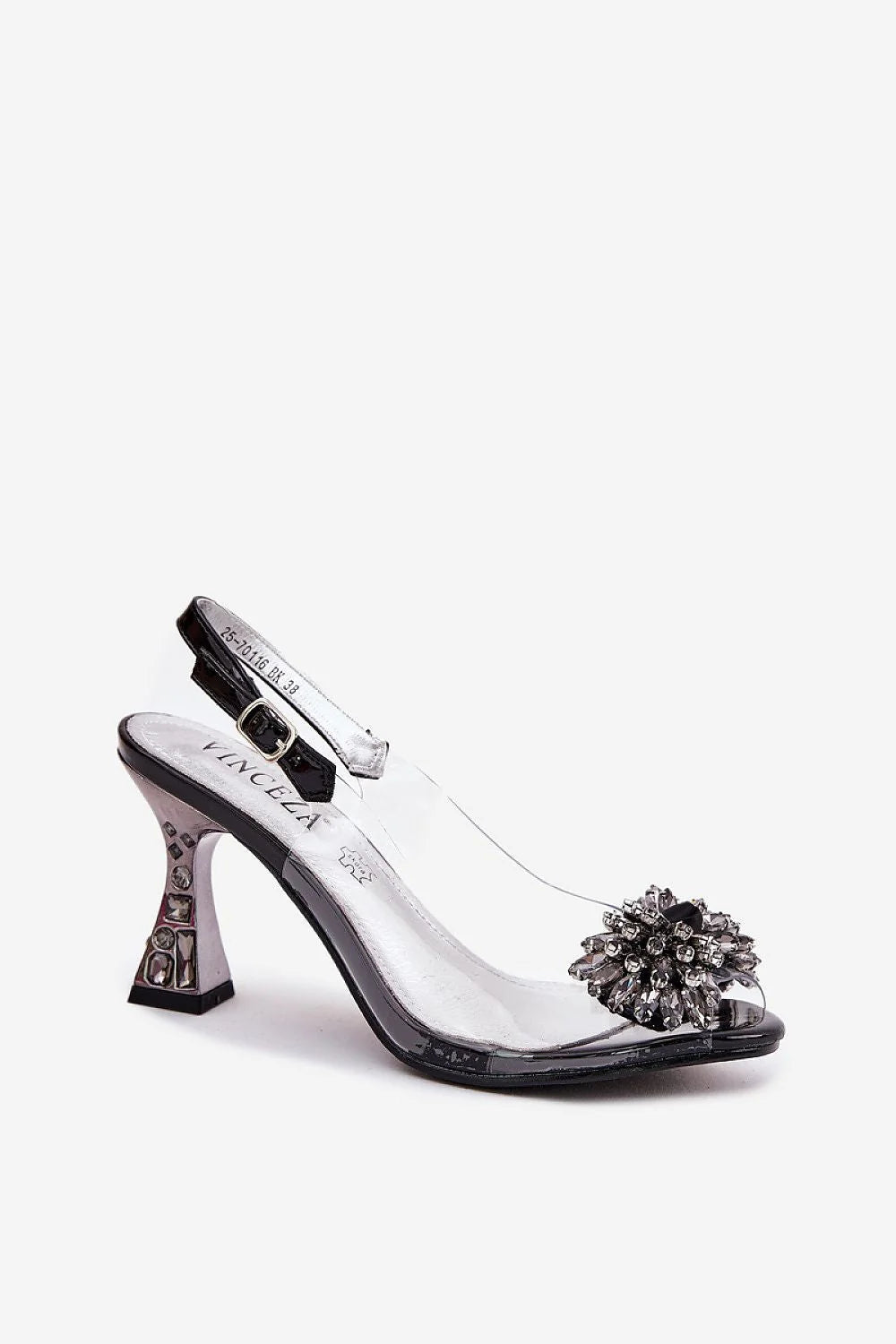 sandales talons trapèze moyen bride arrière réglable PVC transparent cristaux bijoux floral noir argent semelle brillante similicuir rembourrée confortable élégantes