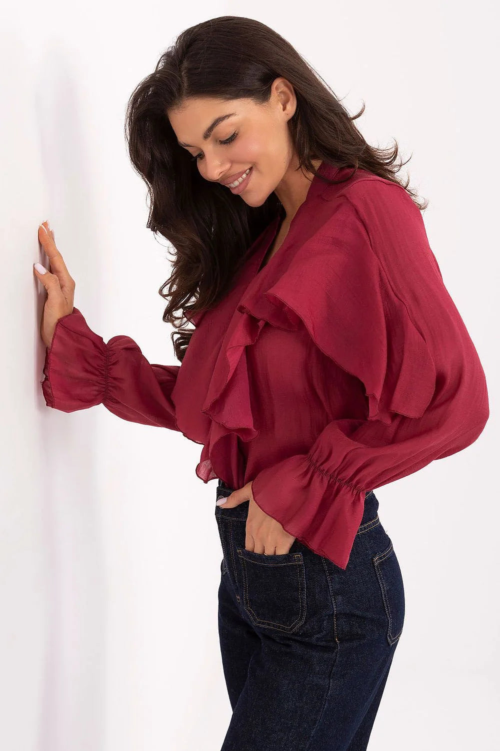 chemise femme manches longues volantée bordeaux col V jabot cascade boutons lyocell polyester fluide légère élégante durable