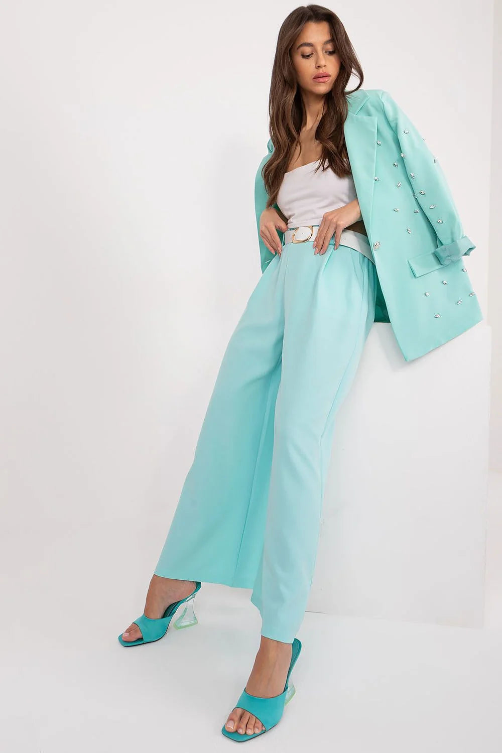 Pantalon femme Italy Moda large taille haute tissu polyester lisse jambes larges style élégant confort durabilité