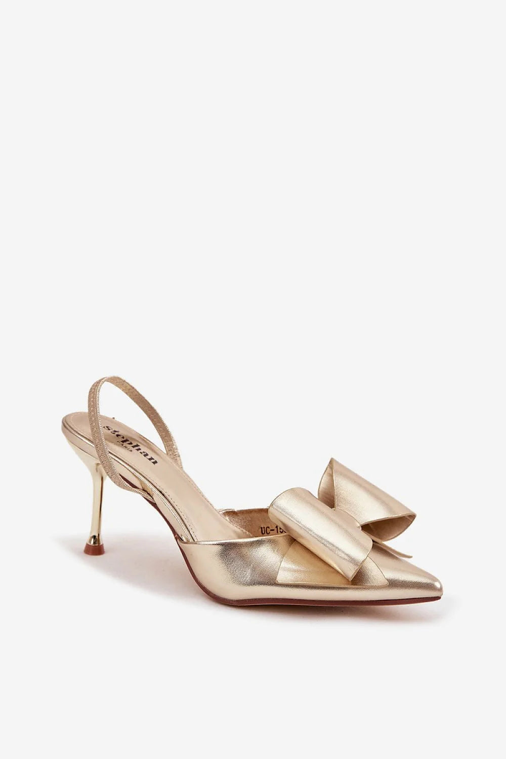 escarpins femme slingback métallisé doré bout pointu grand noeud plat bride arrière talon aiguille hauteur 8cm