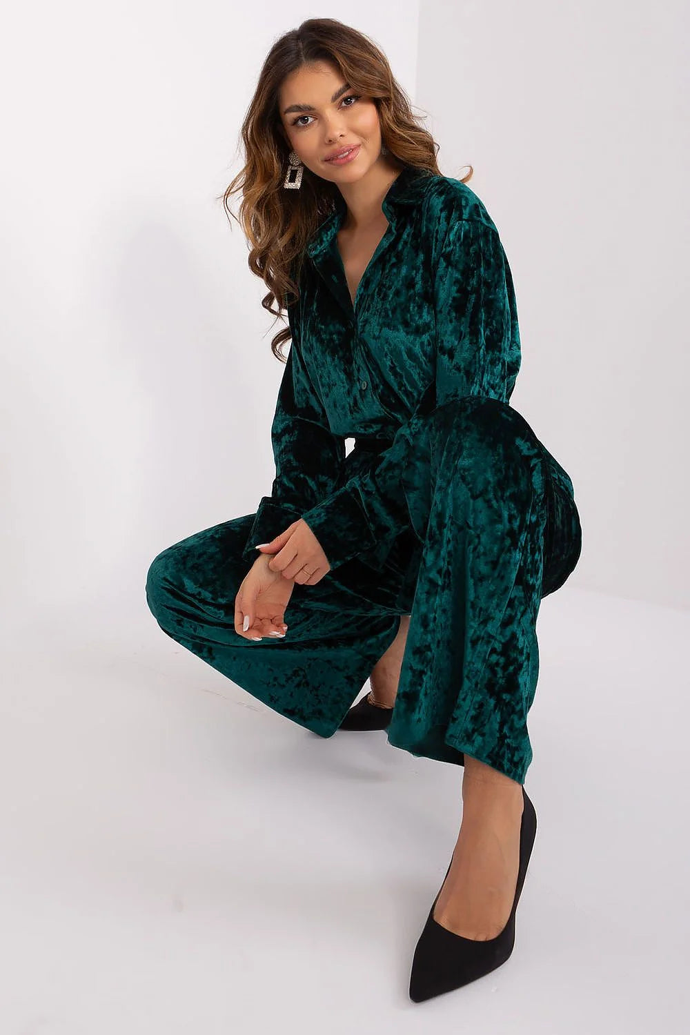 Ensemble Lakerta pour femme en velours côtelé vert émeraude, chemise et pantalon taille haute large manches longues style élégant occasion semi-formelle sortie soirée