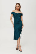 Robe de soirée élégante mi-longue en maille métallique bleu canard fente latérale occasion spéciale femme