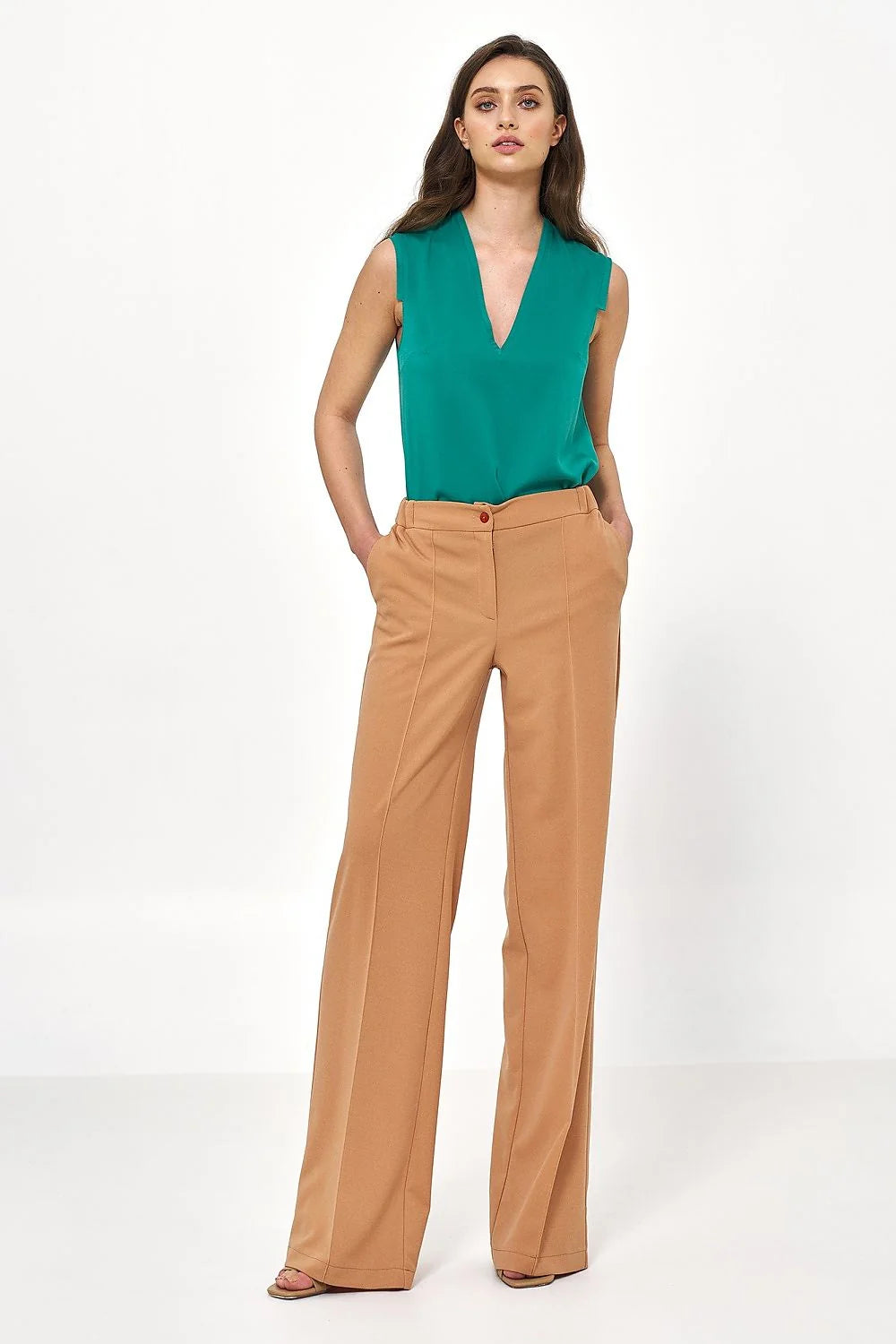 Pantalon femme beige ample coupe haute taille ajustable élasthanne polyester manches longues style élégant