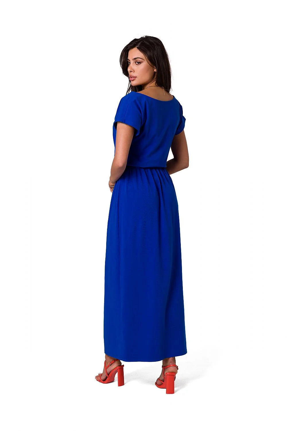 robe longue maxi coton élégante manches courtes encolure bateau vert émeraude taille élastiquée cintrée fluide douce extensible tombé lisse cheville