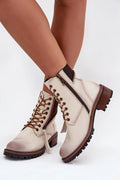 bottines femme Vinceza simili cuir beige tige mi haute bout rond patinée lacets zip latéral semelle crantée antidérapante