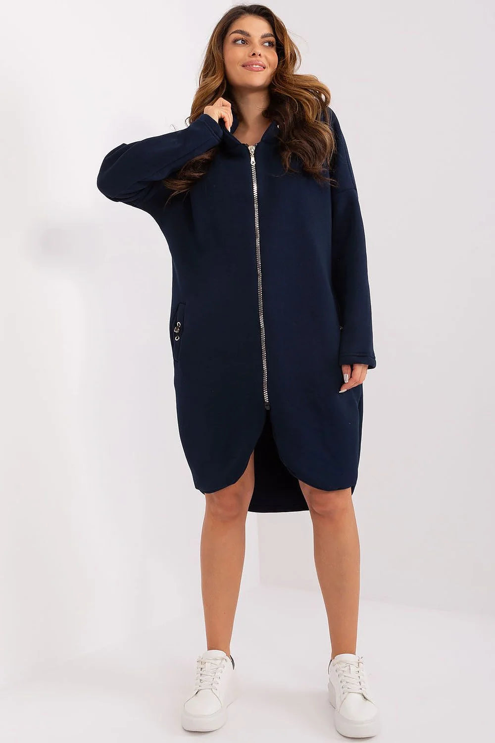 Veste longue pour femme style moderne couleur bleu marine coupe oversize fermeture éclair capuche en tissu coton polyester veste Casual Hiver Élégance Décontractée