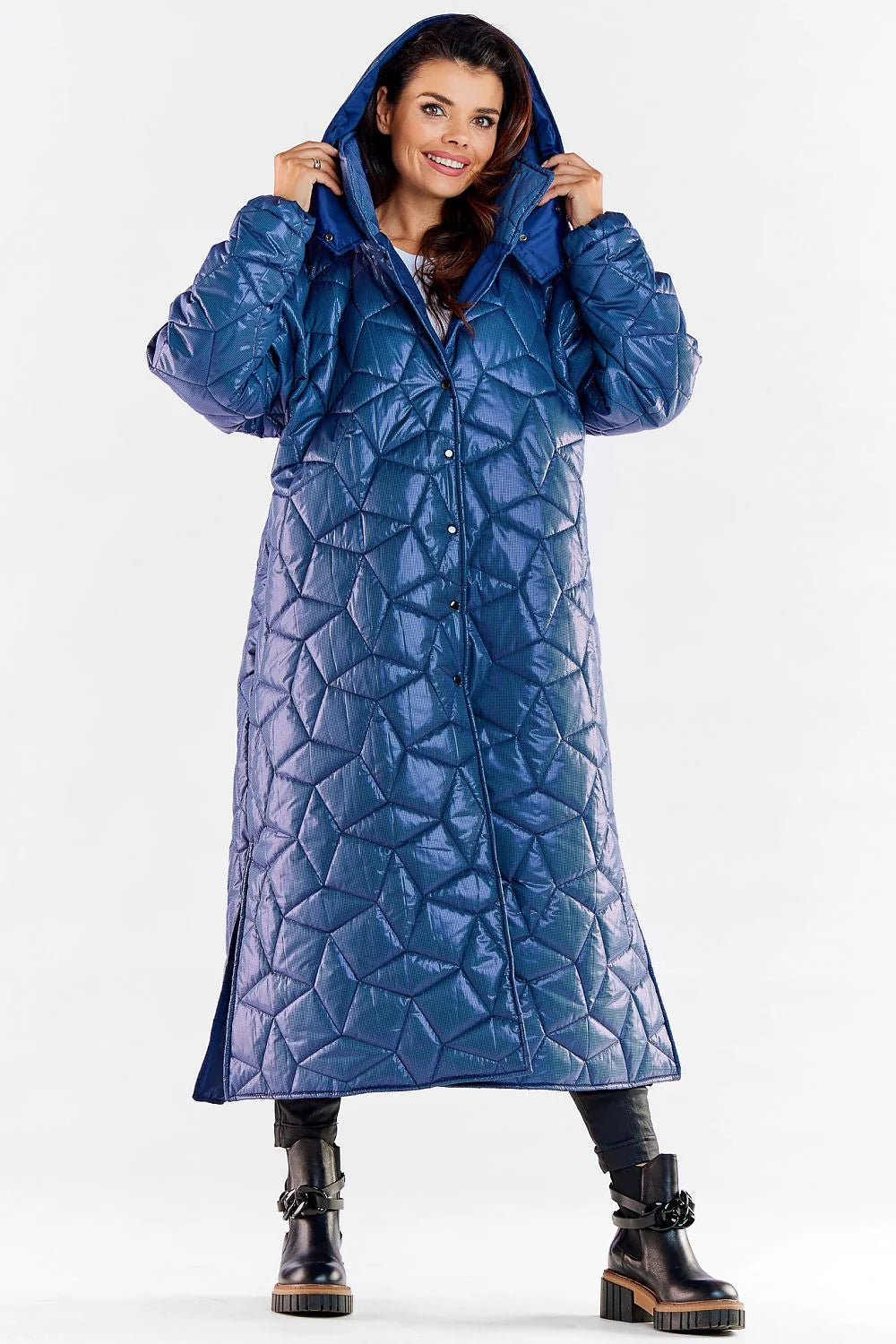 Manteau long pour femmes design moderne fonctionnel matelassé capuche Metallic blue polyester 100% taille L/XL S/M