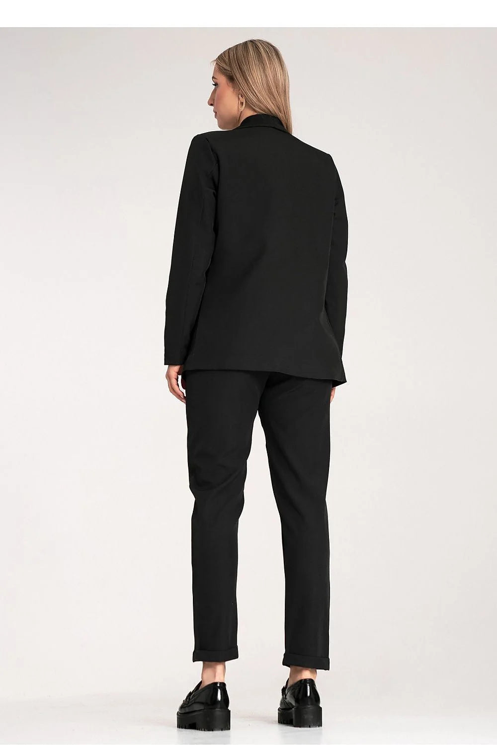 blazer femme noir élégant polyester élasthanne coupe ajustée sans boutons longline col ouvert minimaliste manches longues crêpe tailleur bureau chic