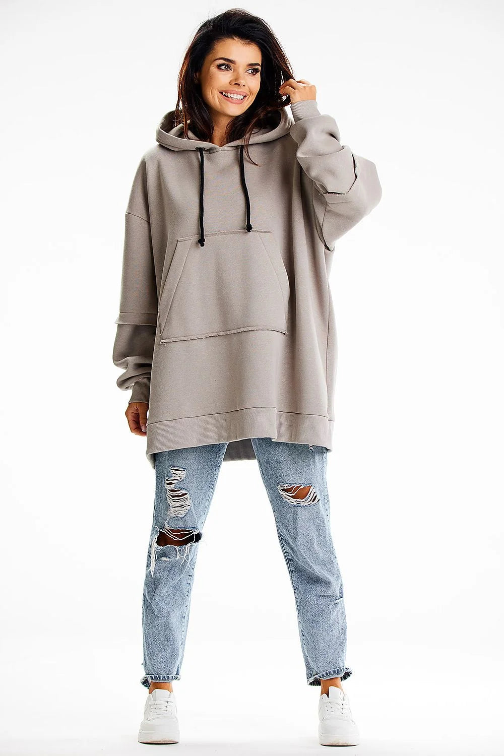 Sweatshirt femme Infinite You en coton doux, coupe ample, capuche ajustable, style décontracté, couleur grise taupe, poche kangourou, manches longues, épaules tombantes, finitions côtelées, idéal pour quotidien et détente