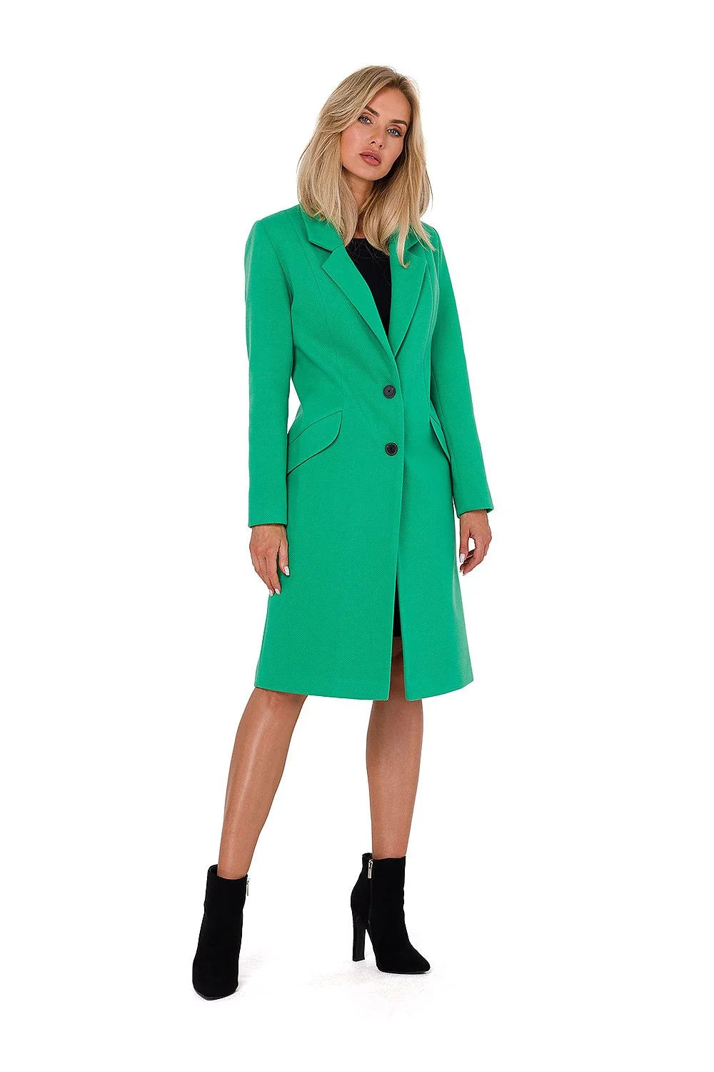 Manteau pour femmes élégant en flanelle vert vif col matelassé poches asymétriques manches longues coupe classique
