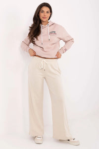 pantalon survêtement femme taille haute beige large jambe ample jersey molleton coton polyester 70 30 élastique cordon poches latérales confort