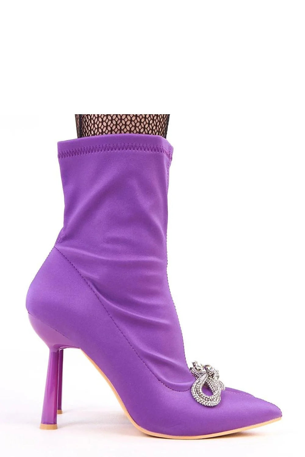bottines satinées violet vif stretch chaussette montante bout pointu talon aiguille nœud bijou strass zircone incrustée semelle cuir écologique