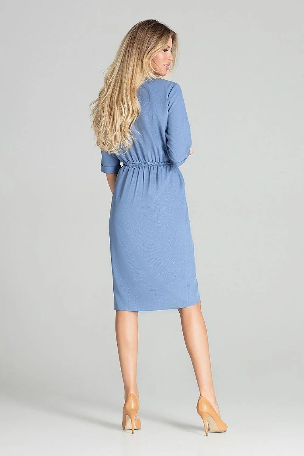 robe midi femme bleu ciel manches trois quarts col rond taille élastique jupe portefeuille asymétrique coupe blousante cintrée