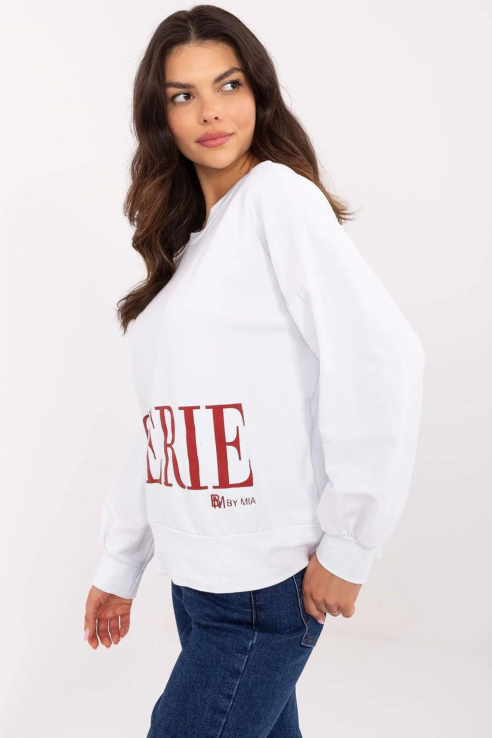 Sweatshirt capuche femme blanc imprimé CHÉRIE rouge oversize jersey doux coton élasthanne manches longues poignets côtelés ourlet hanches