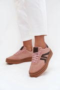 baskets femme basses plateforme urbaine confortables semelle épaisse multicouches marron velours côtelé rose poudré suède empiècements lacets assortis